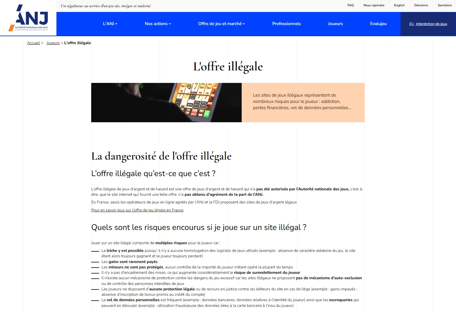 Page de l'ANJ consacrée à l'offre de jeux en ligne non autorisée en France