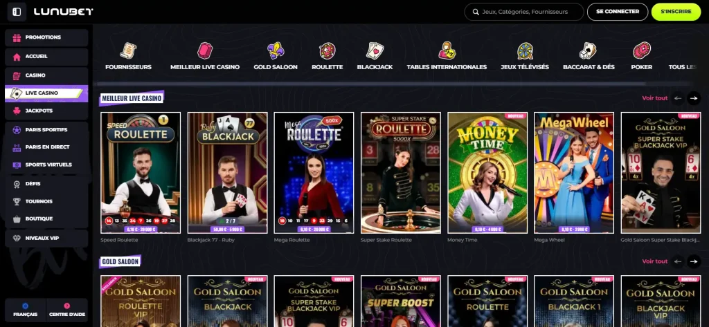 Casino en direct LunuBet en français avec ses catégories principales