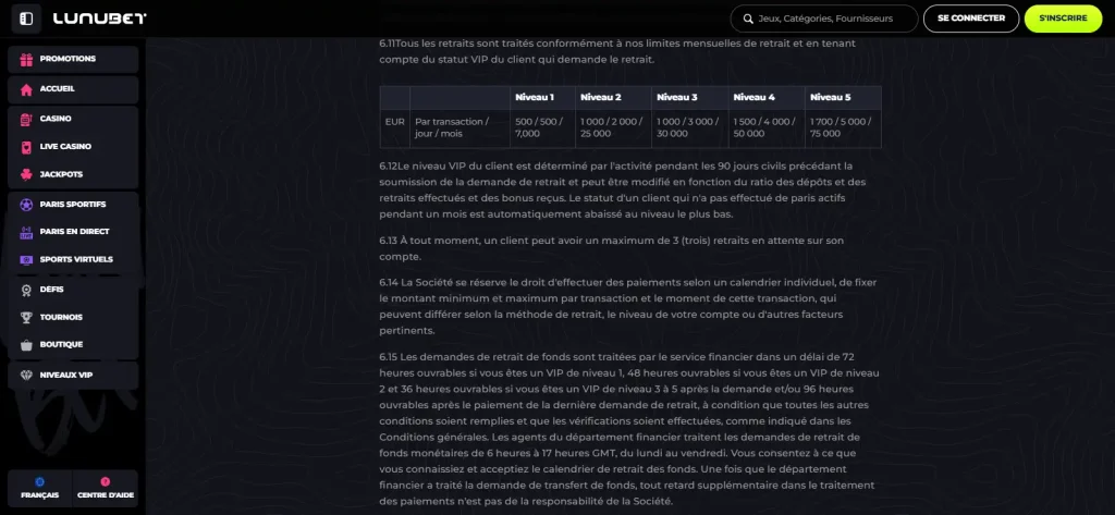 Conditions LunuBet sur les limites et délais de retrait