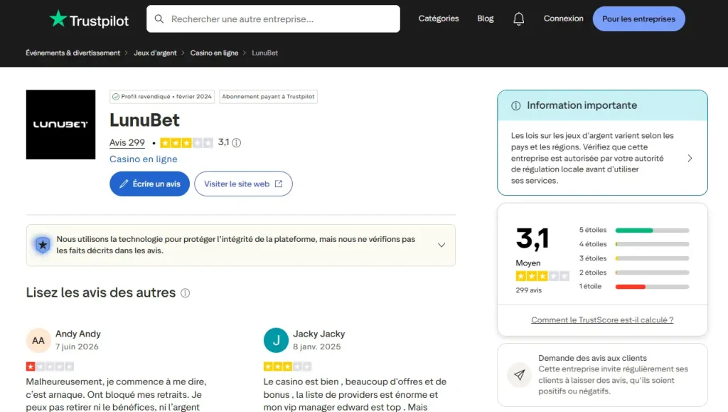 Page Trustpilot consacrée à LunuBet avec avis positifs et négatifs