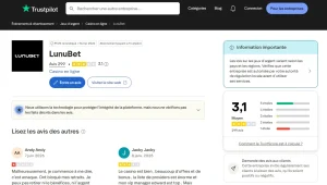 Page Trustpilot consacrée à LunuBet avec avis positifs et négatifs