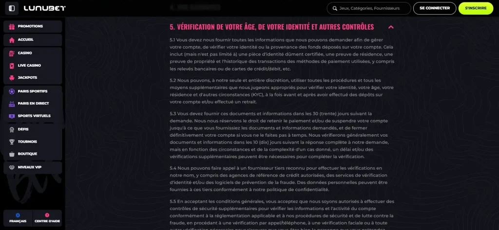Section KYC des conditions générales LunuBet